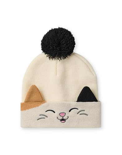 Squishmallows Beanie Hat & Gloves Set | Girls Knitted Winter Hat with Cam The Cat Character in Beige with Pom Poms4