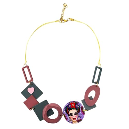 Collar con colgante pintado a mano con flores y corazón – ¡Mi amor! Homenaje a Frida – Collar con colgante pintado a mano, medallón de madera, idea de regalo, joya elegante de artesanía artística