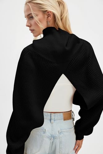 MISSACTIVER Turtle Neck Bolero Shrugs for Women Open Front Knit Cropped Sweaters Long Sleeve Loose Fit Pullover Sweater Shawl2