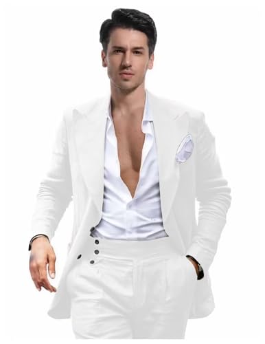 Mens Linen Suit for Beach Wedding Double Breasted Prom Tuxedos 2 Piece Peak Lapel Blazer Pants for Summer