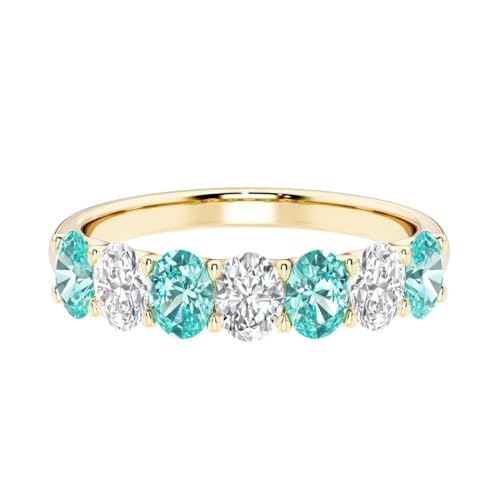 14k Solid White or Yellow Gold 1.30 Carats Alternating Oval Lab Grown Paraiba Tourmaline and Diamond 7-Stone Ring Band for Women, Wedding, Anniversary Ring, Sizes 4-10