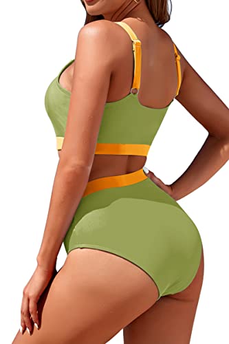 Image of Womens High Waisted Bikini Sets Sporty Crop Top Color Block Swimwear Bandeau Scoop Neck Vintage Two Piece Bathing Suits