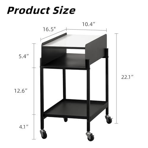 Image of Bedside Table with Wheels Rolling Nightstand 3-Tier (Black) | Modern Marble Top Easy Assembly Heavy Duty Metal Save space Bedroom Office Living Room