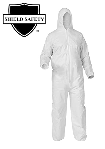 PackagingSuppliesByMail Disposable Coverall Suits, Hooded Protective Suit, 5-XL, White, 50 Pack