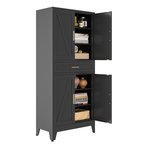 Image of Bevivog Tall Pantry Storage Cabinet with Drawers, Metal Storage Cabinet with Doors and Shelves, 4 Doors Freestanding Cupboard Cabinets for Office /Pantry /Living Room