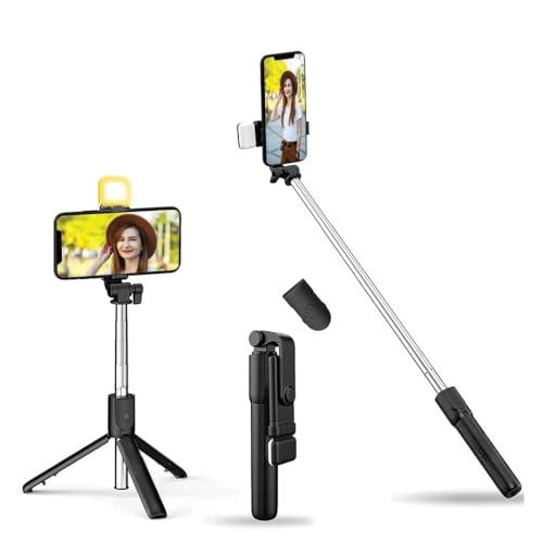Selfie Stand for Mobile Phone, 3 in 1 Video Stand and Mobile Stick for Video Recording, Tripod with Fill Light, Wireless Remote, Extendable Travel Pho