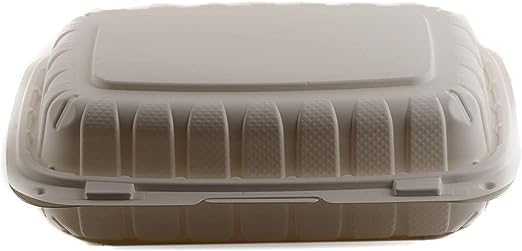 VeZee Recipientes de alimentos biodegradables reciclables rellenos de minerales ecológicos de 9 x 6 con tapa con bisagras de concha  Para llevar,