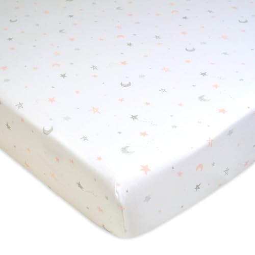 Image of American Baby Company Cotton Fitted Crib Sheet 52x28 inch, Pink Stars and Moons | 100% Natural Cotton Crib and Toddler Bed Sheets, Soft, Breathable & Hypoallergenic, Gentle on Skin, Neutral for Boys & Girls