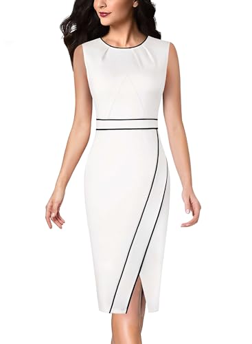 Image of VFSHOW Womens Pleated Crew Neck Front Split Work Business Office Party Bodycon Pencil Sheath Dress