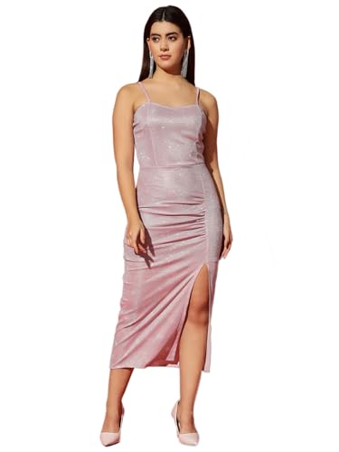 Image of Vaararo Lycra Sleeveless Party Dress for Women | Bodycon Shimmery Spaghetti Strap Outfit