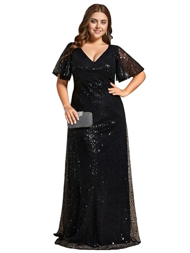 Ever-Pretty Women's Elegant V Neck Sequin Short Sleeves A Line Floor Length Plus Size Formal Dresses Evening Gowns