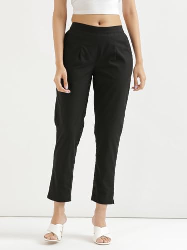 Image of SAADAA Pack of 2 Women's Cotton Pants | Regular Fit Mid-Rise Comfortable Trousers with Pockets | Casual