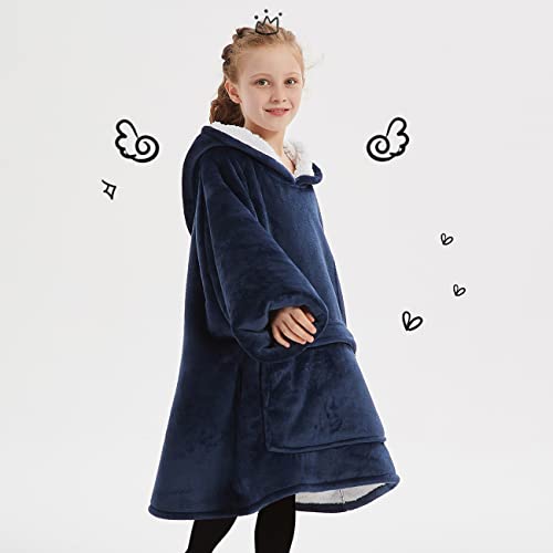 Image of KFUBUO Wearable Blanket Hoodie for Kids With Pocket, 6-10 Year Old, Navy | Sherpa, Heavy Material, Oversized Sweatshirt Blanket, Kids Blanket, Girl Boy Gifts, Hooded Blanket Kids, Cozy Gifts for Kids