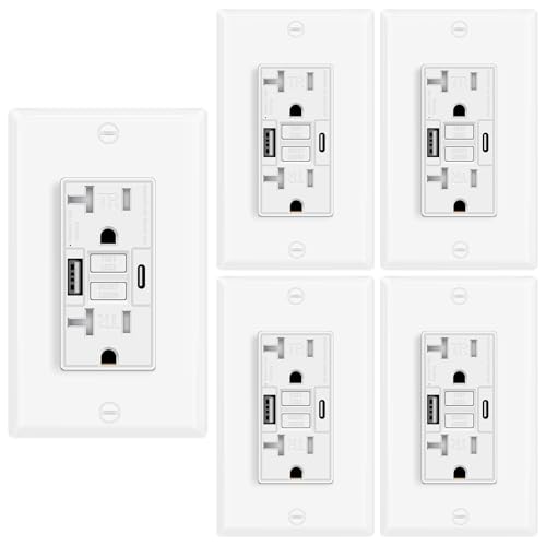 5 Pack 20A GFCI Outlet with USB A&amp;C Ports, Self-Test TR White