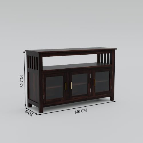 Image of Solid Sheesham Wood Sideboard for Living Room with Glass Doors | 3-Door Storage Unit & Open Display Shelf | Buffet Cabinet for Dining Room, Entryway & Hallway | Walnut Finish | 140 x 40 x 82 cm