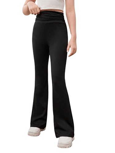 Image of Milumia Teen Girl's Basic Elastic High Waisted Flare Leg Solid Stretchy Pants Ruched Black 10-11Y
