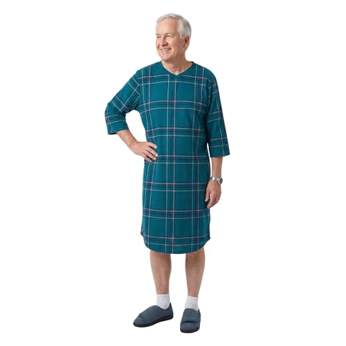 Silverts Men’s Adaptive Clothing Open Back Flannel Gown, Assisted Dressing Nightgown for Elderly, Nursing Home & Recovery - Plaid Shirting SMA