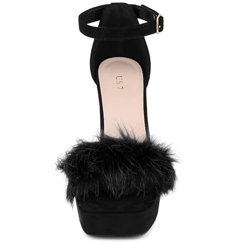 Allegra K Women's Square Toe Faux Fur Platform Chunky Heels Sandals3