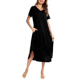 Nieery Chemise de Nuit Femme Coton Manches Courtes Robe de Nuit col V vêtements de Nuit Longue Tee Shirt Nuit avec Poche Robes Casual Femme lâche Robe Maxi