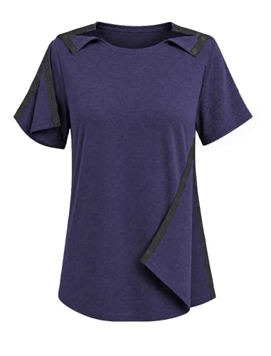 Post Shoulder Surgery Shirt for Women Tear Away Side Snap Chemo Port Shirts Short Sleeve Adaptive Clothing Postpartum Tops Navy Blue S