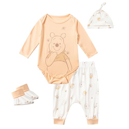 Image of Disney Winnie the Pooh Baby Boys 4 Pack Bamboo Viscose Long Sleeve Bodysuit with Booties, Hat, and Pants Set for Infant