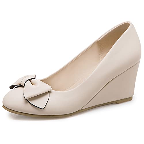 Zapatos de Vestir Mujer, Zapatos Tacón de Cuña Linda Zapatos de Fiesta Tacón Medio Punta Redonda Lazos Beige Talla 34 EU