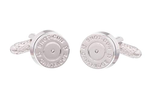 Onyx – Boutons de manchette artistiques – Boutons de manchette en forme de cartouche de fusil de chasse pour homme couleur argent 12 alésage présenté dans une boîte cadeau, Rhodium