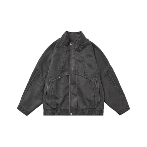 Disimlarl Chaqueta de cuero para hombre, cuello alto, cremallera, estilo cargo, para exteriores, Gris Profunda, XL