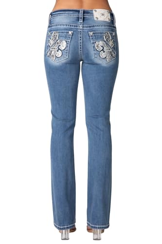 Miss Me Women's Wild Spirit Fleur de Lis Mid-Rise Bootcut Jeans