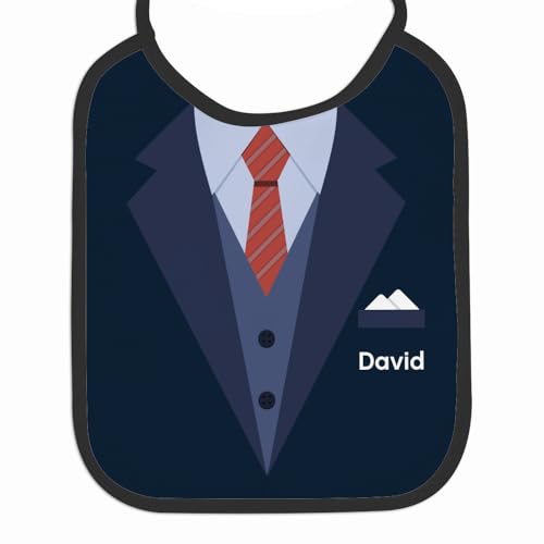 Wanapix | Bavoir pour adulte personnalisé | Design amusant costume et cravate | Grand bavoir blanc avec prénom | Avec liens à nouer | Bordure noire | Doux tissu éponge coton