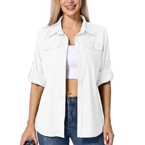 Womens UPF 50+ UV Sun Protection Safari Shirts Long Sleeve Outdoor Cool Quick Dry Fishing Hiking Gardening Shirts (5090 White XXL)