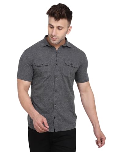 Image of Men's Half Sleeve Shirt - Spread Collar Casual Shirt with Double Flap Pockets - Slim Fit Cotton Blend Button-Down