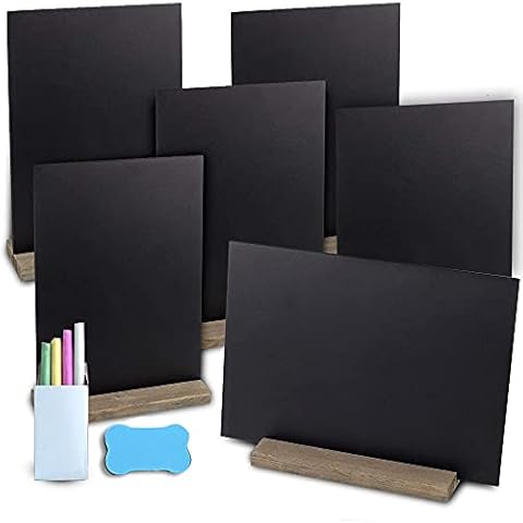 Chalkboard Signs - 6 Pack Mini Double Sided Blackboard Message Boards Rustic Wooden Stands with Chalk & Eraser Cover