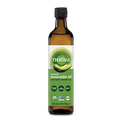 Nutiva Organic Steam Refined Avocado Oil, 100% Pure, 24 Fl Oz Glass, USDA Organic, Non GMO, Whole 30 Approved, Keto, Paleo, High Heat Oil with Neutral Flavor and Aroma for Cooking & Frying