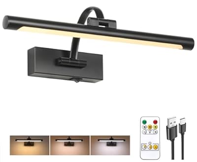 Tassuowell Wireless Battery Operated Picture Light,Rechargeable Wall Light with Remote and Timer,15.75 Inch Black Dimmable Painting Light,3CCT with Adjustable Swing Arm for Display Gallery Lighting