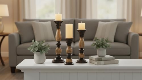 Bougeoirs noirs en bois stables pour table basse et repas rustique - 7