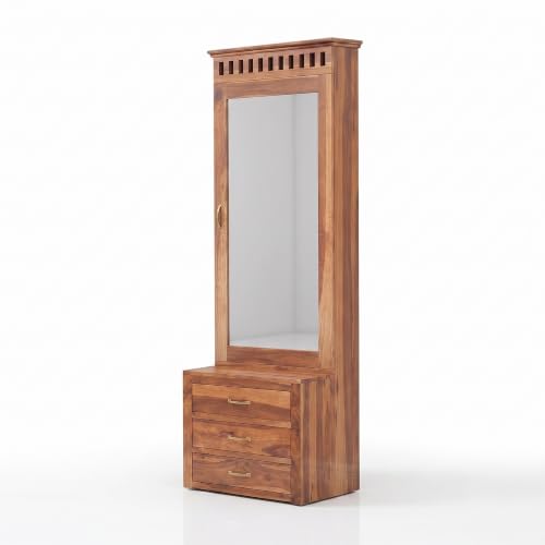 Image of SONA ART & CRAFTS Solid Sheesham Wood Dressing Table with Storage Mirror & 3 Drawers, & 1 Door Storage for Living Room Bedroom Wooden Make Up Vanities Dresser for Bedroom Home (Natural Finish)
