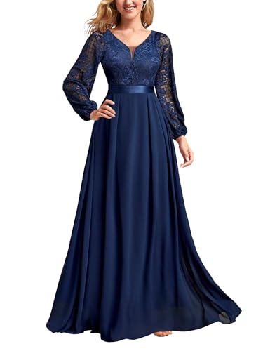 Miusol Women's Wedding Guest A-Line Dress Floral Lace Deep V Neck Long Sleeve Formal Evening Gown