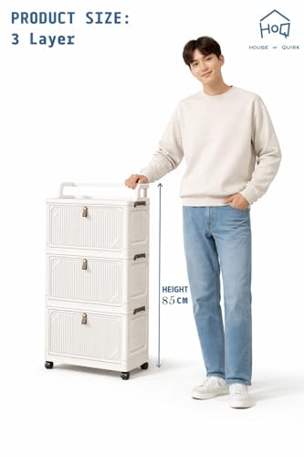 Image of House of Quirk Foldable Storage Box Cart with Wheels & Handle, Multi-Layer Stackable Plastic Storage Bins with Lid, Front Opening Door Organizer, Large Capacity Portable Cabinet (White, 3 Layer)