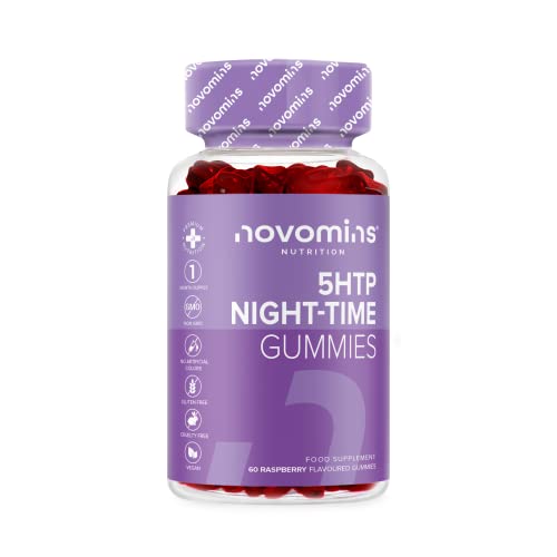 5 HTP Gummibärchen - 5 HTP Nahrungsergänzungsmittel mit L-Theanin, Magnesium, Vitamin B12, Glycin - 60 Himbeere Natürliche Alternative zu 5HTP Kapseln - Hergestellt in Großbritannien von Novomins Cover