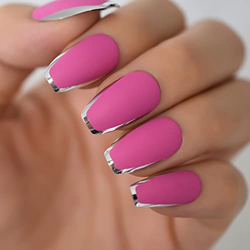 Coolnail Matte Rose Pink French Ballerina Coffin Press On False Nail Metallic Silver Edge Frosted Ballet Fake Nails Tips Women Girl Wear #TOP26