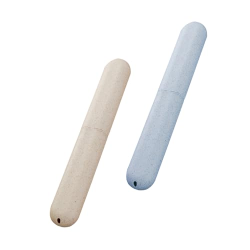 HUATEEN Paquete de 2 fundas portátiles para cepillo de dientes de viaje, soporte ecológico para paja de trigo para el hogar, camping, almacenamiento de higiene (azul y beige), Azul; blanco, moda