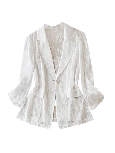 Floerns Women's Plus Size Floral Lace Sheer Jackets Lapel Button Front 3/4 Sleeve Outwear