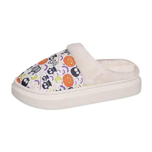 Pantuflas novedosas para mujer, de invierno, a la moda, con estampado temático de Halloween, de felpa, antideslizantes, acogedoras, cálidas para mujer, 02 Blanco, 37.5 EU