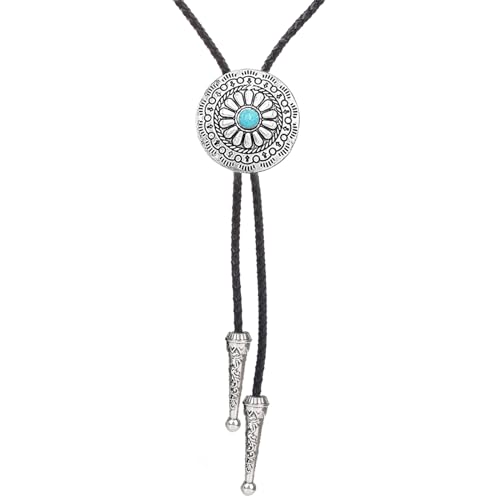 Image of Turquoise Bolo Tie for Men, Leather Braided Necktie Western Cowboy Bola Tie Costume Accessories for Men Women