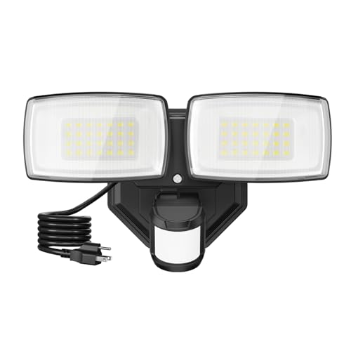 Onforu 32W Plug in Motion Sensor Lights Outdoor 3200LM Motion Flood Light Dusk to Dawn IP65 Waterproof Led Security Light Outside 2 Heads Motion Activated Wall Light for Garage Porch Yard - Black