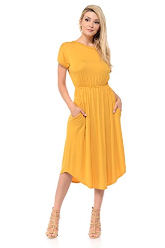 iconic luxe Women's Solid Short Sleeve Flare Midi Dress with Pockets X-Large Mustard
