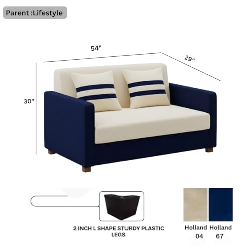 Image of FURNY Lifestylio 2 Seater Fabric Sofa Set (Cream-Dark Blue) Premium Velvet Finish | Ideal for Living Rooms, Offices
