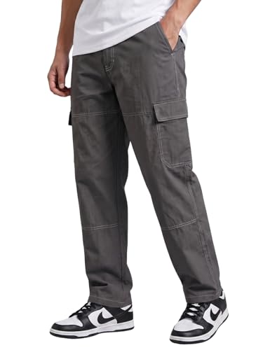 Image of Veirdo Men's Cargo Pants | Relaxed Fit Utility Trousers with Multi Pockets | Casual Streetwear Cotton Bottoms - Beige, Black & Grey| Sizes: S to XXL