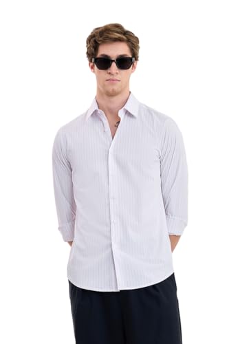 Image of SNITCH Luxe Men Formal Shirt | Slim Fit Full Sleeve Spread Collar Pinstripe Design | Breathable Viscose Blend & Stretch Fabric for Office Wear & Business Meetings